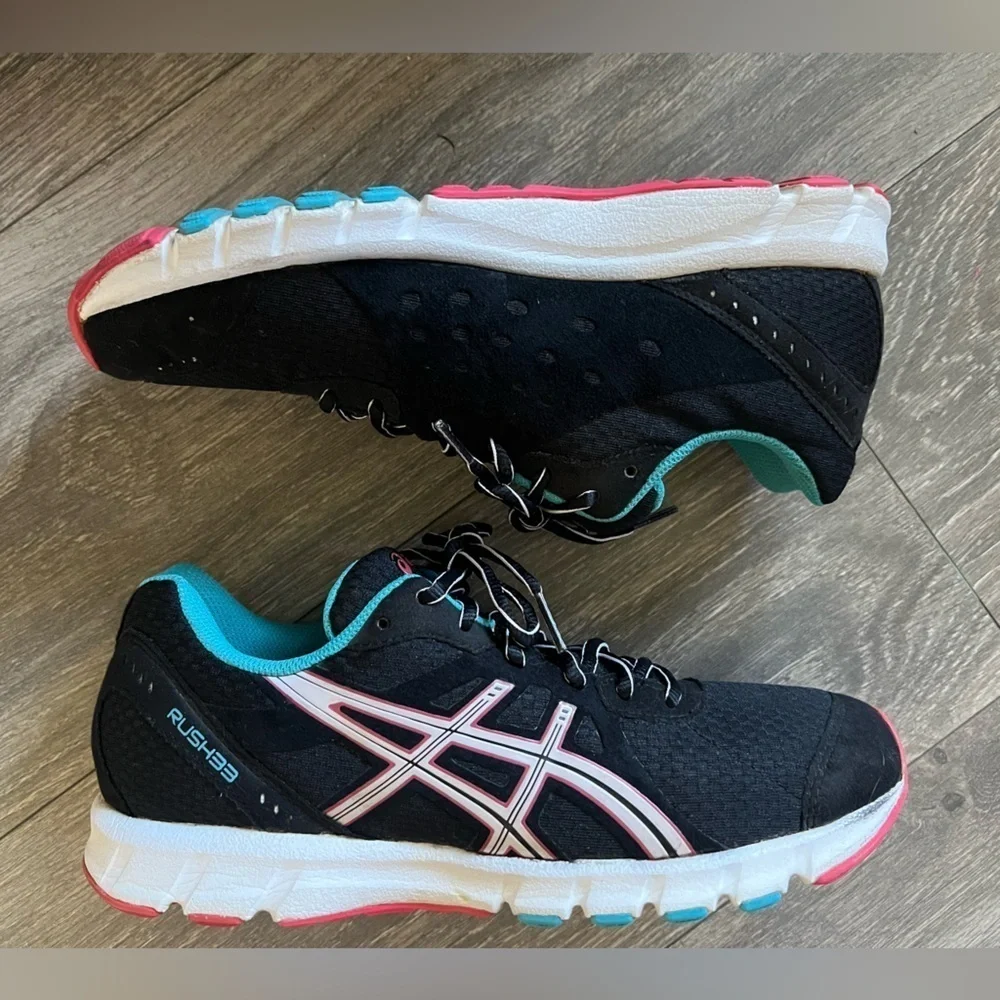 ASICS Rush 33 Ahar Black Pink & Blue Running Shoes. Size 8.5.